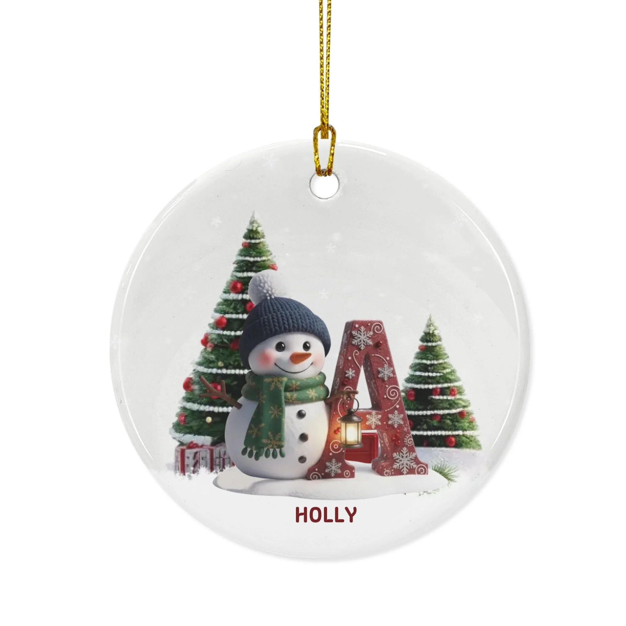 Custom Ceramic Ornament - Personalized Letter Name for Christmas With Snowman