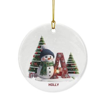 Custom Ceramic Ornament - Personalized Letter Name for Christmas With Snowman