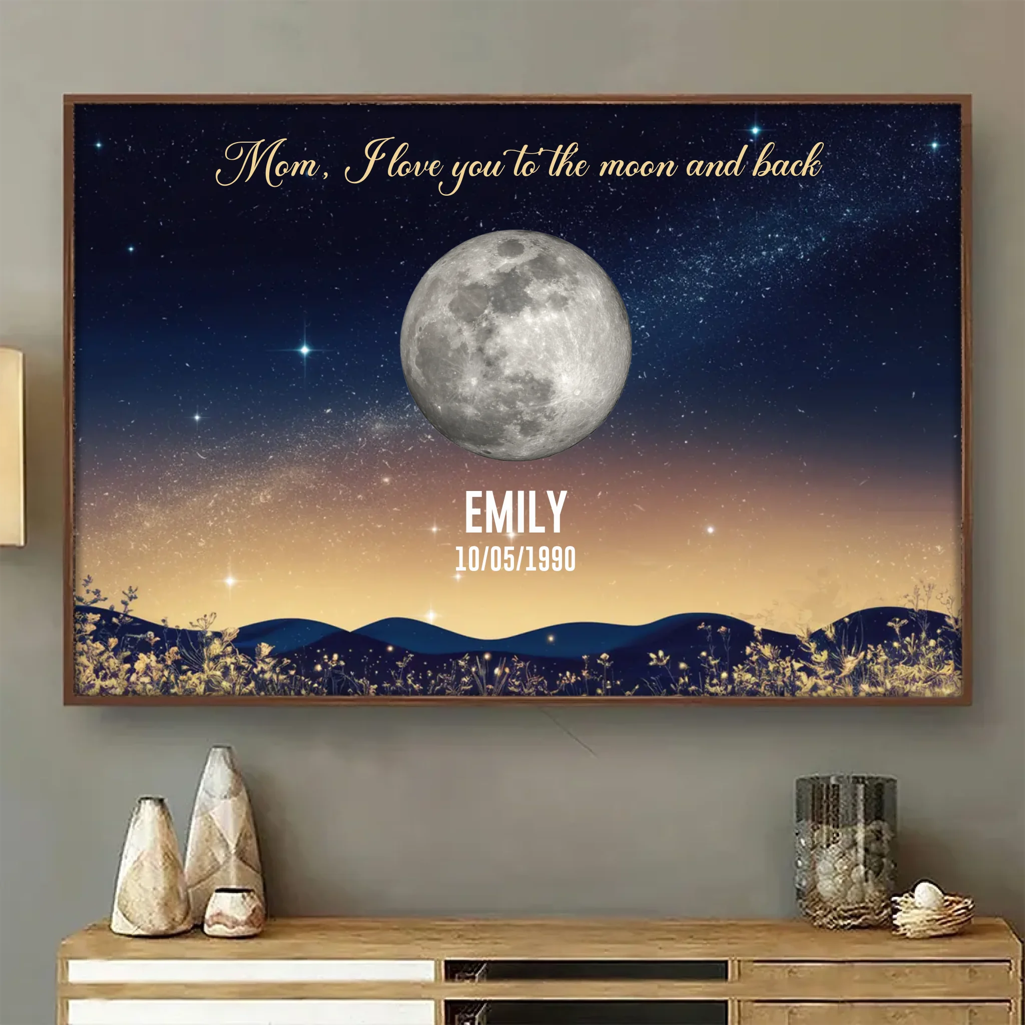 I Love You to the Moon and Back - Personalized Gold Birth Moon Phase Poster, Heartfelt Gift for Mom’s Birthday, Mother’s Day, or Just Because