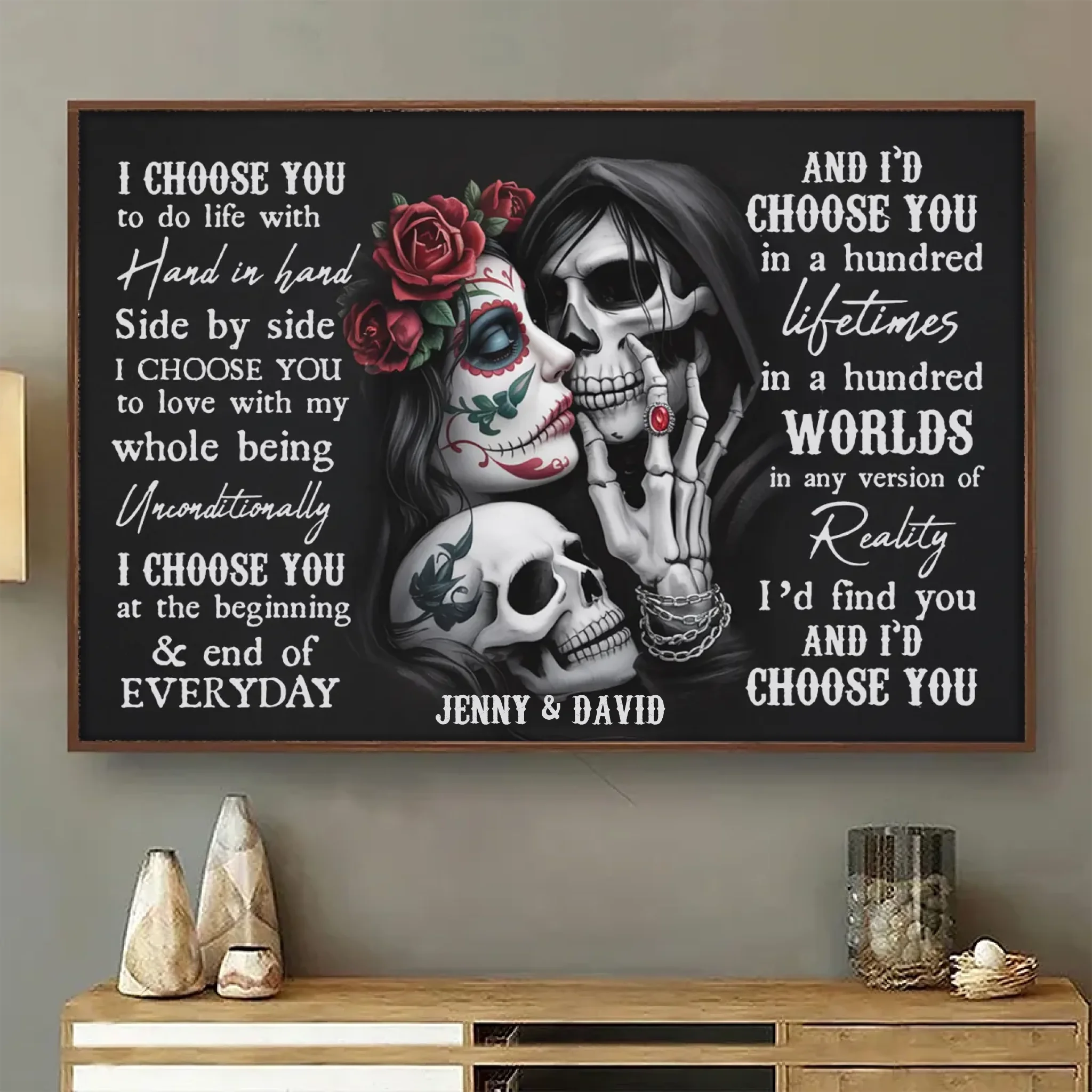 "Till Death Do Us Part" – Personalized Sugar Skull Poster with Custom Names, Unique Gift for Couples