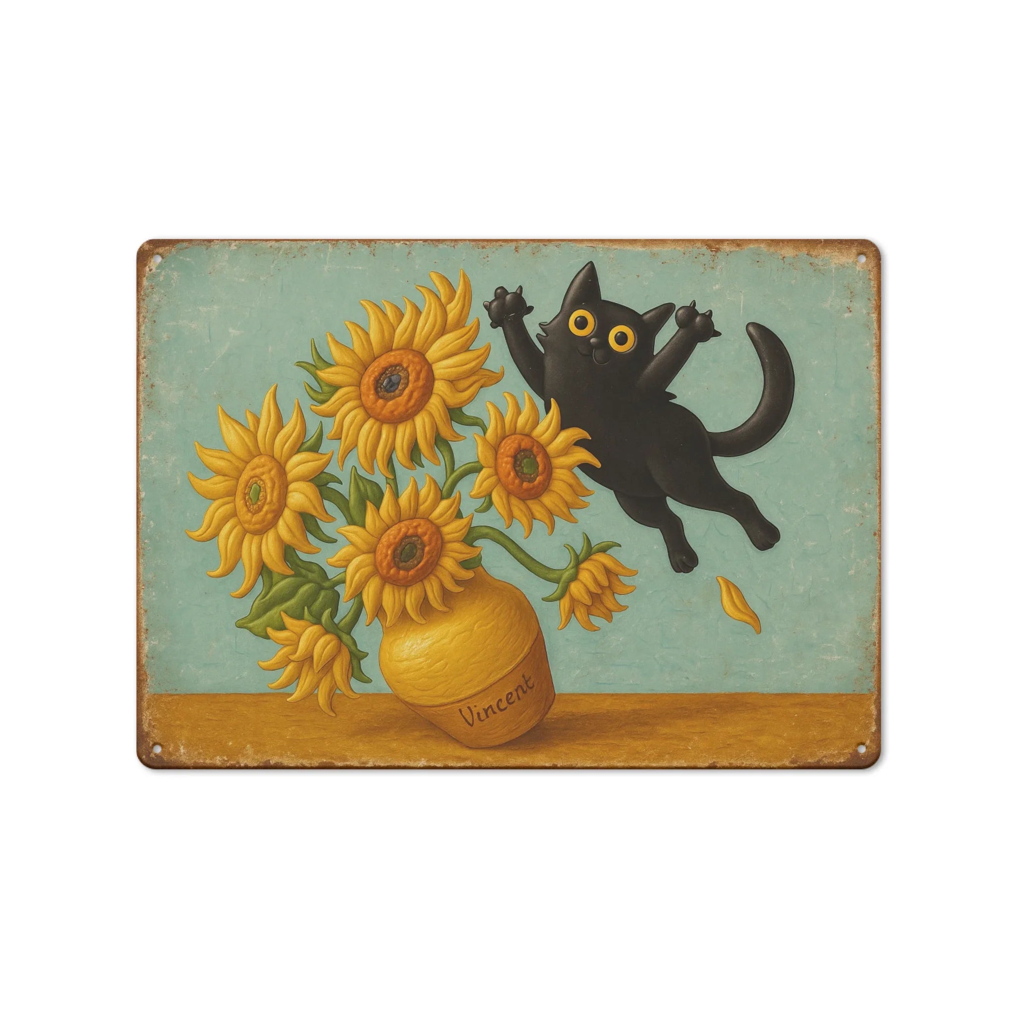 Vintage Black Cat & Sunflower Metal Sign – Wall Art