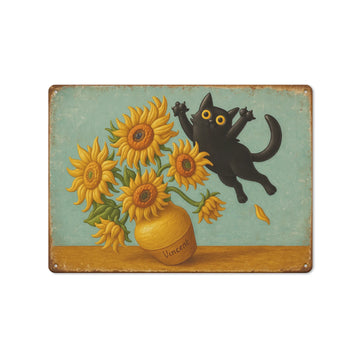 Vintage Black Cat & Sunflower Metal Sign – Wall Art