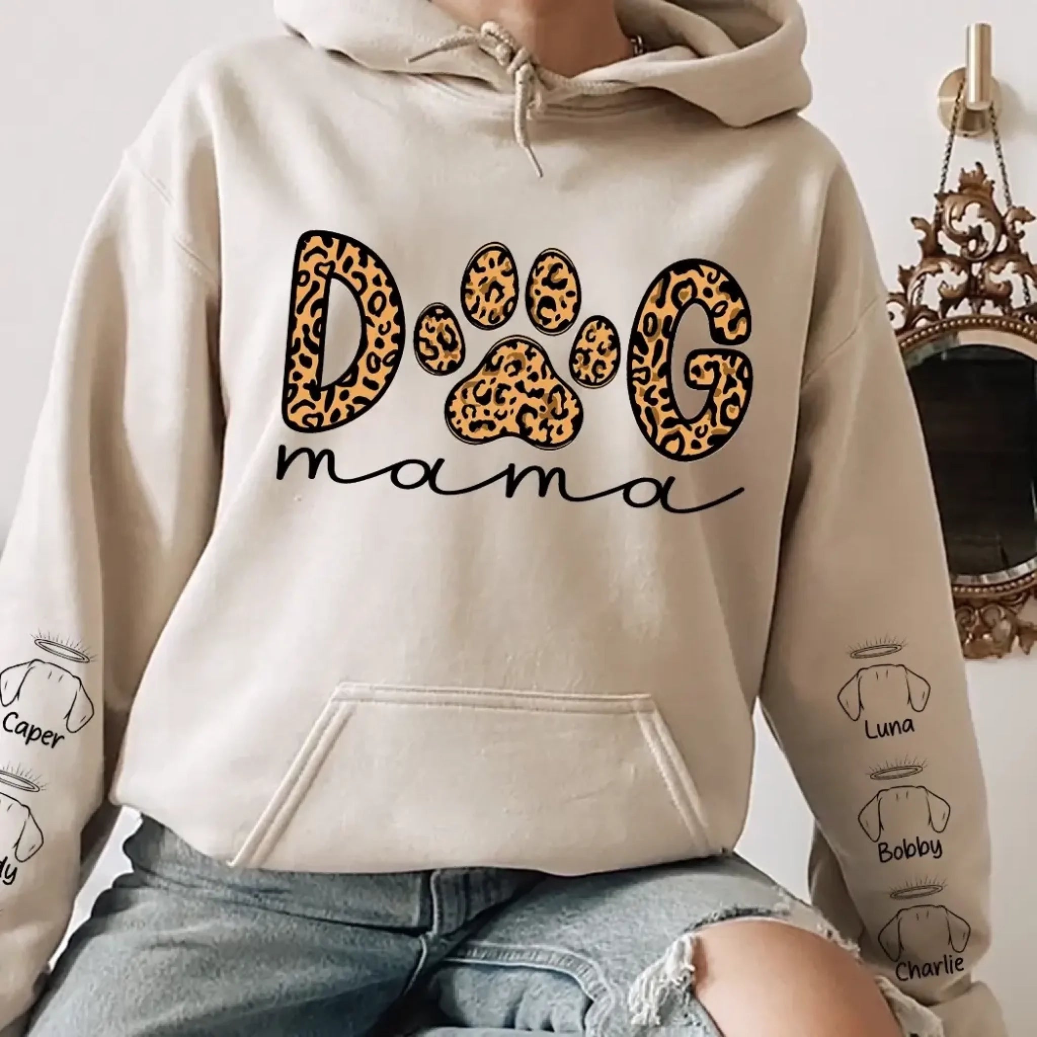 12. Dog Mama Leopard Paw Sweatshirt,Hoodie – Personalized Dog Names on Sleeves, Cute Gift for Dog Lovers