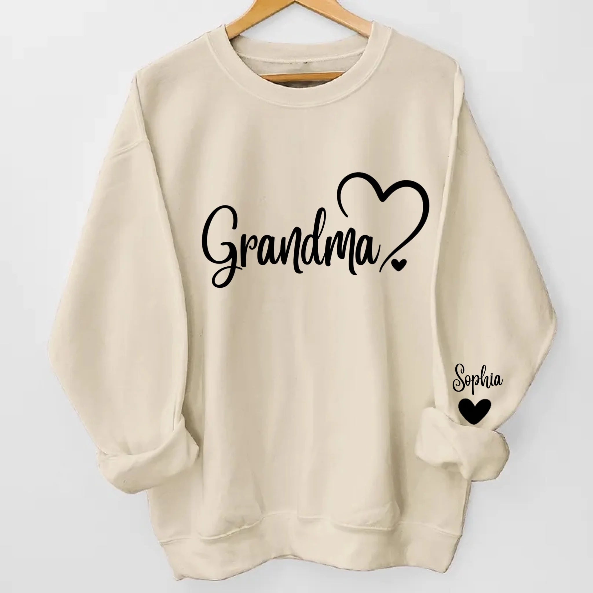 Grandma Sweatshirt with Cute Heart, Gift for Grandma with Names On Sleeves