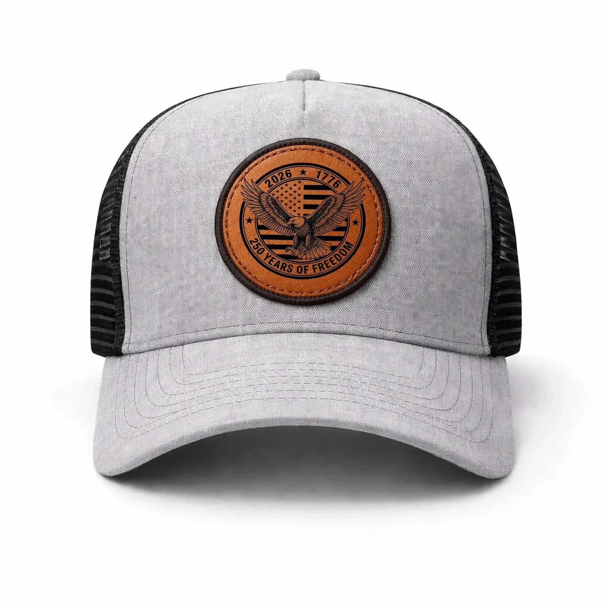 Leather Mesh Back Trucker Cap Engraved Gray Black Color