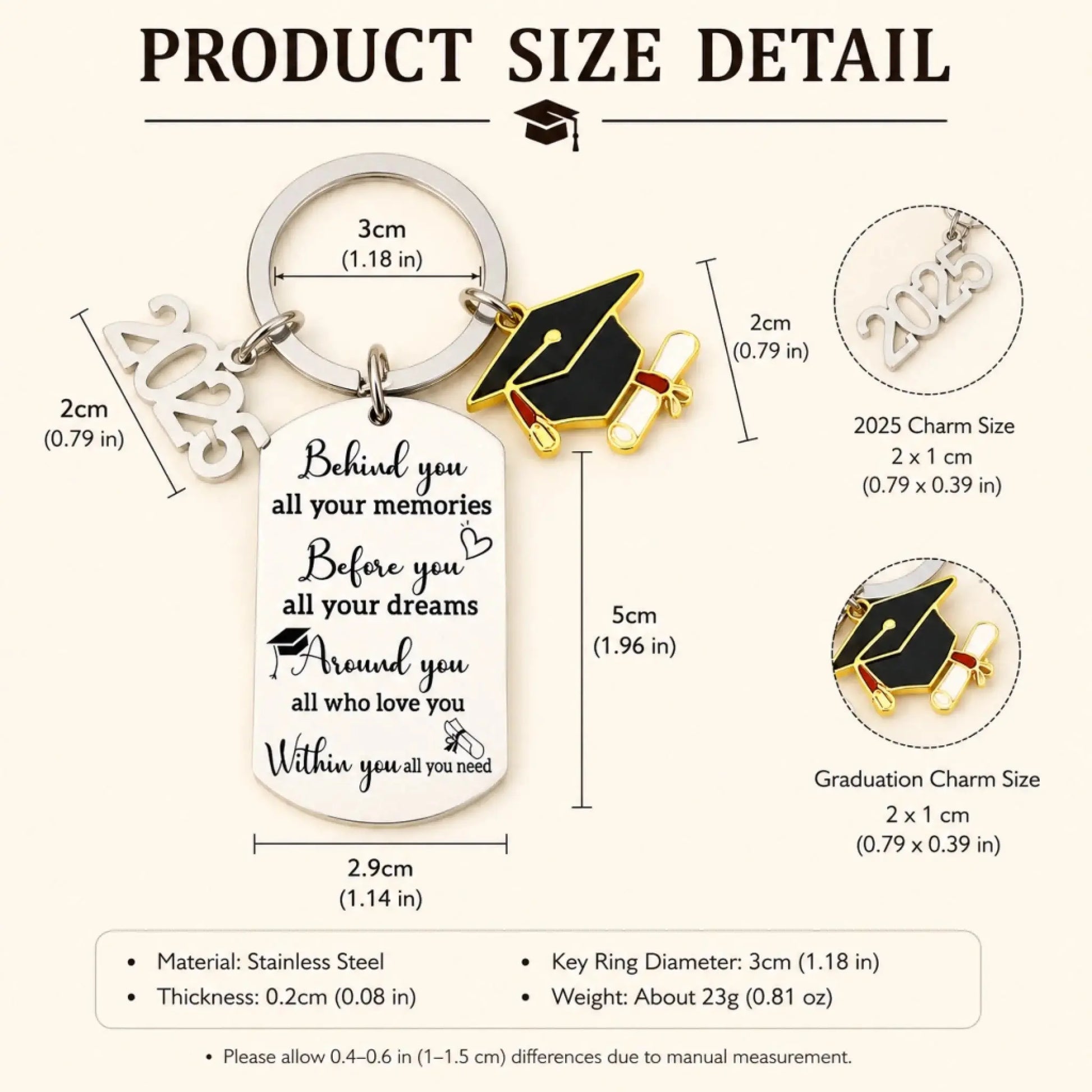 Graduation Engraved Keychain Size Detail