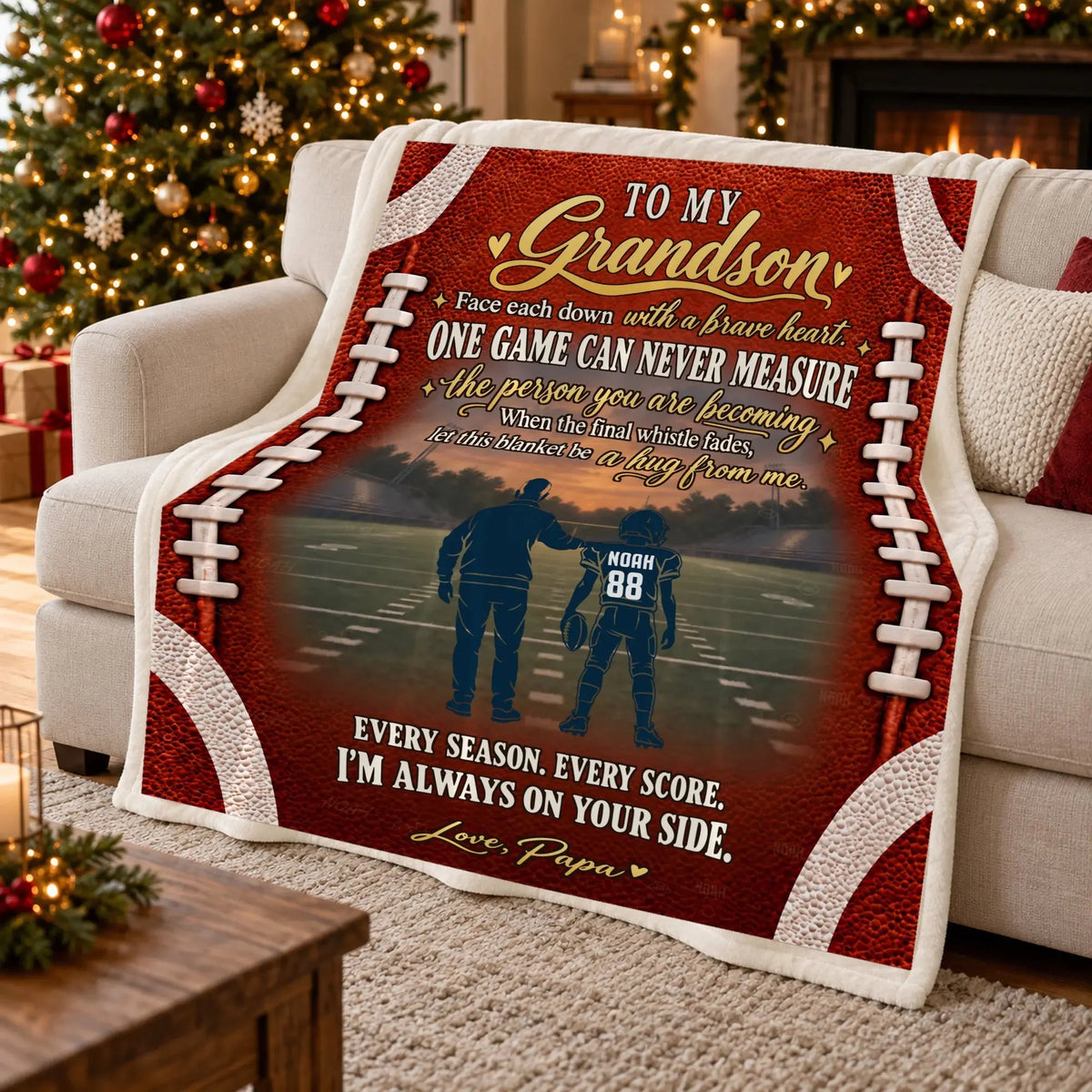 Grandkid sports blanket on armchair, angled view
