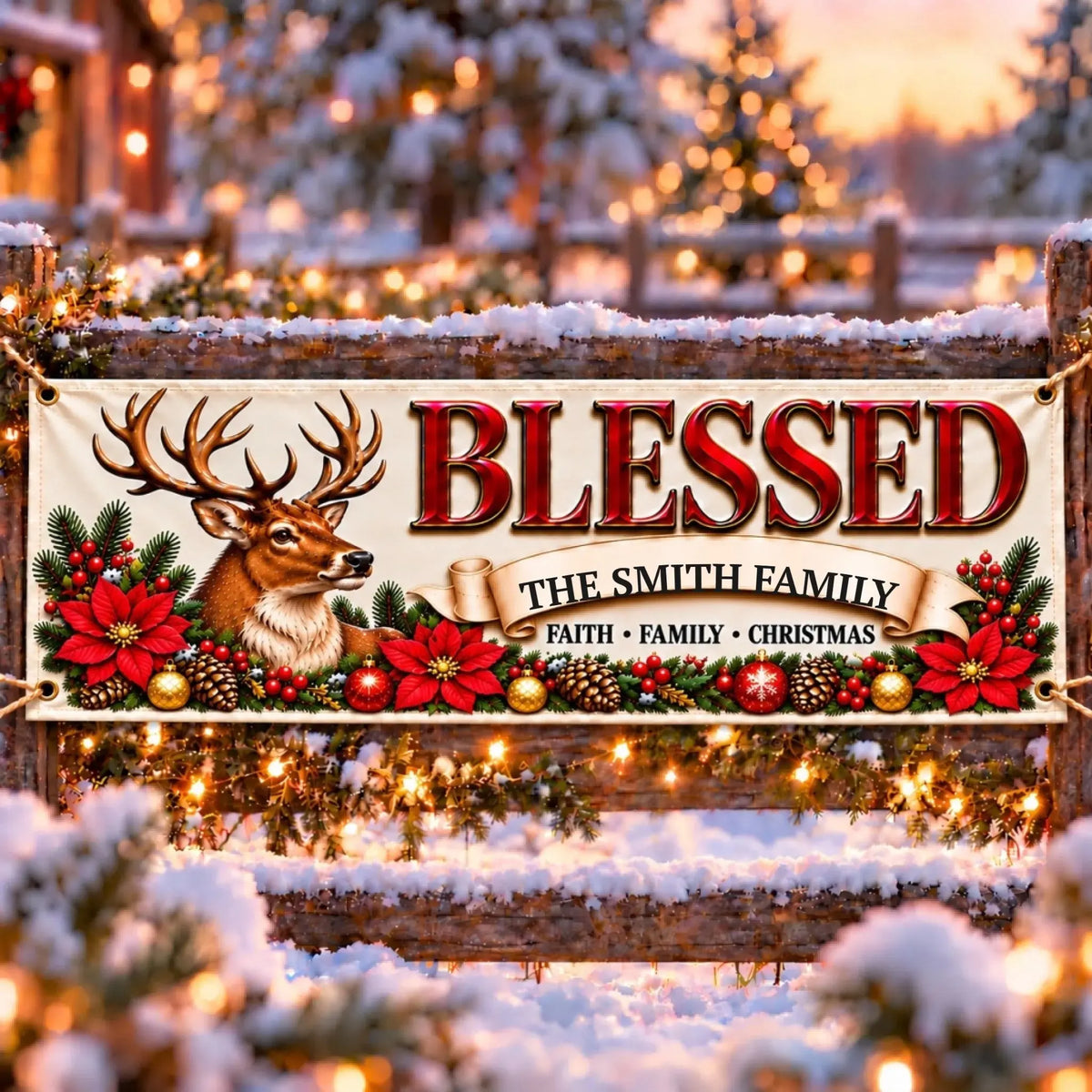 Blessed Reindeer Christmas banner 72x24 in