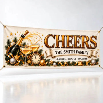 Personalized Cheers family New Year banner hanging in a white studio