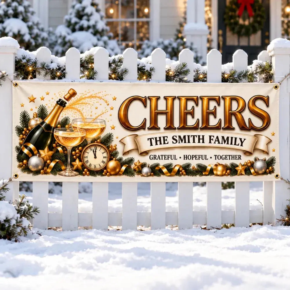 Custom Cheers family name banner on a snowy white picket fence