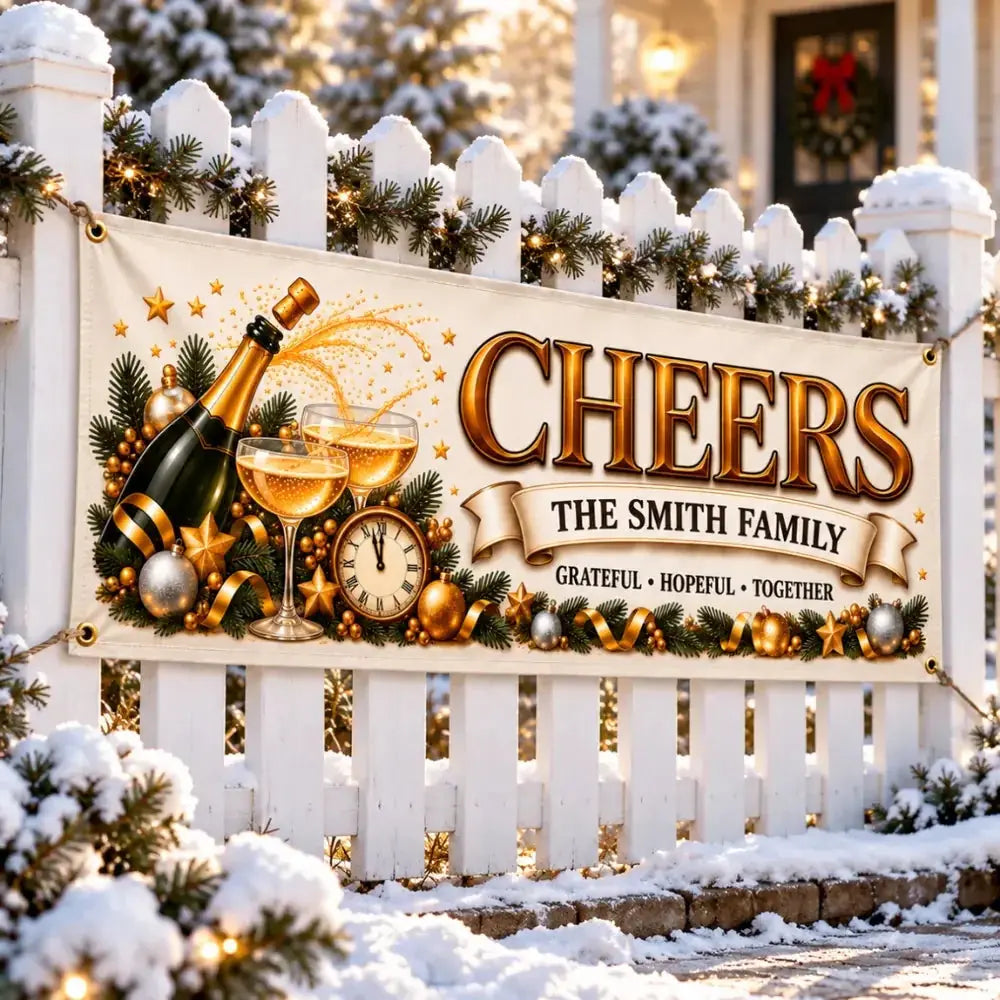 Cheers family New Year banner on a picket fence, angle view