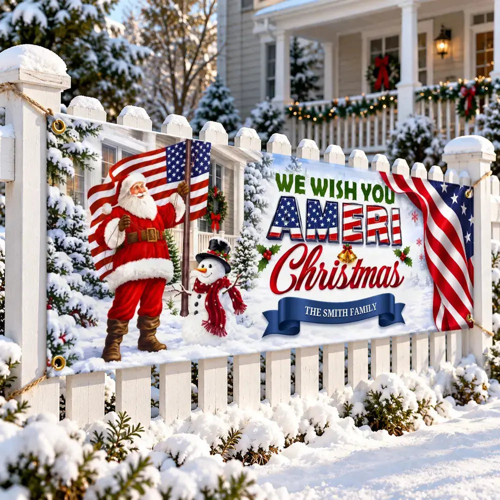 Patriotic Santa family name Christmas yard banner on fence, angled view