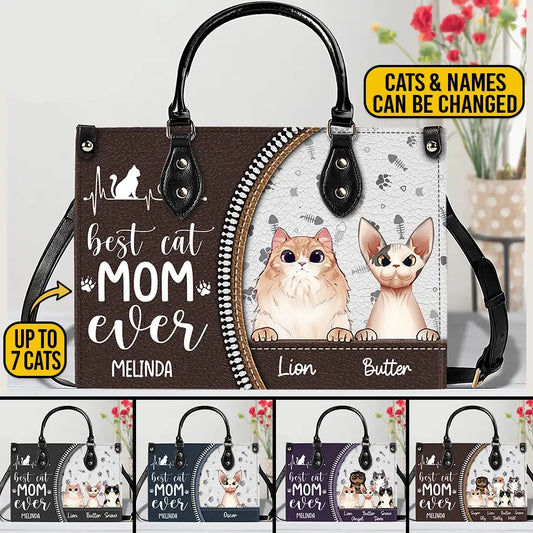 Best Cat Mom Ever – Personalized Leather Handbag, Custom Gift for Cat Moms and Pet Lovers
