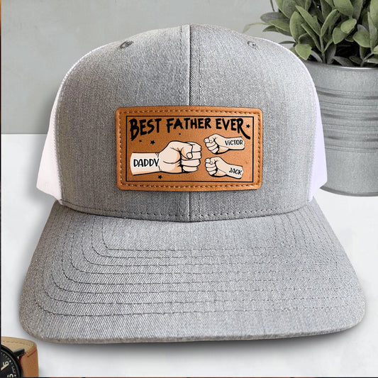 Best Dad Ever – Custom Leather Patch Hat with Kids' Names – Gift for Father, Grandpa