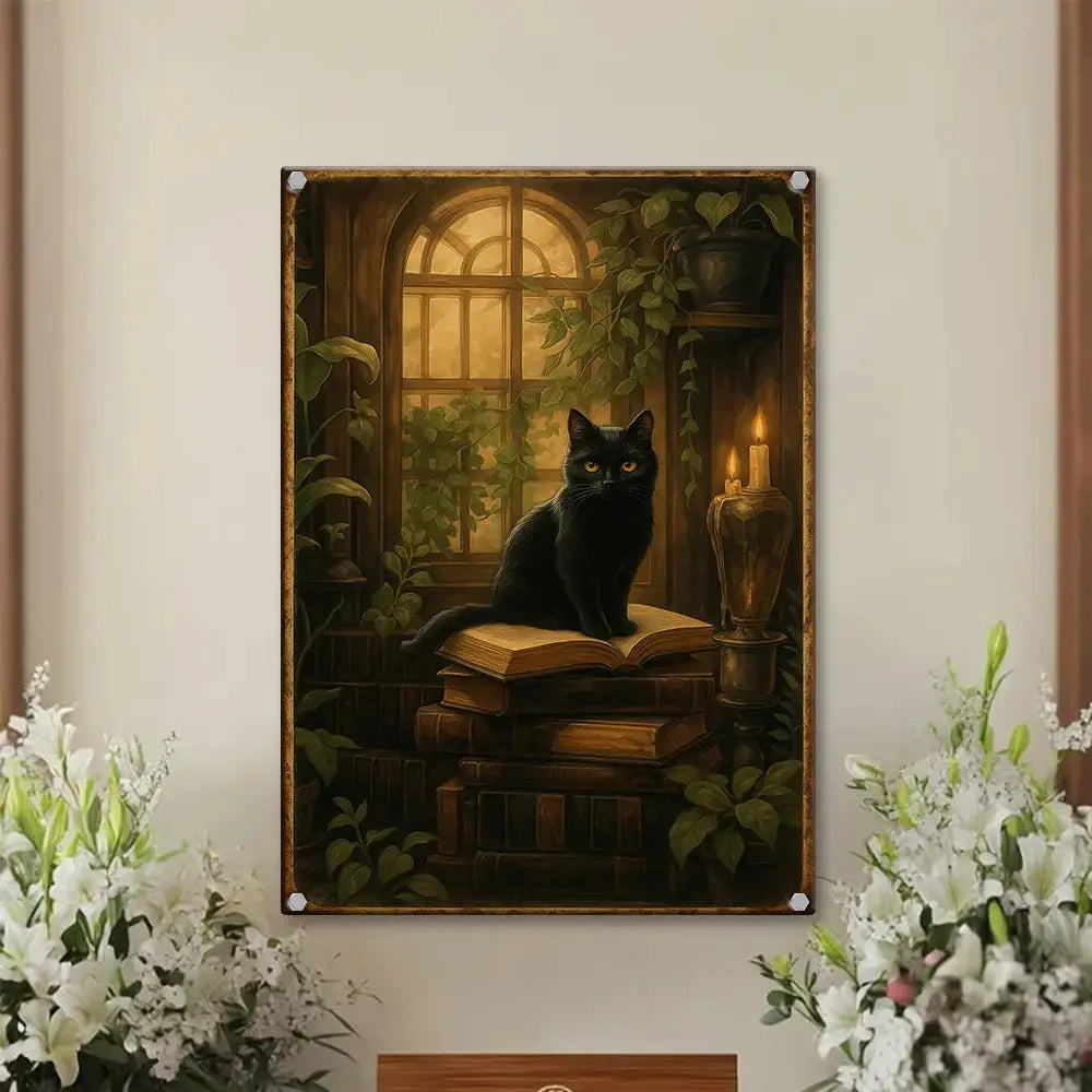 Black Cat On Book Metal Sign – Vintage Wall Decor Duconspace
