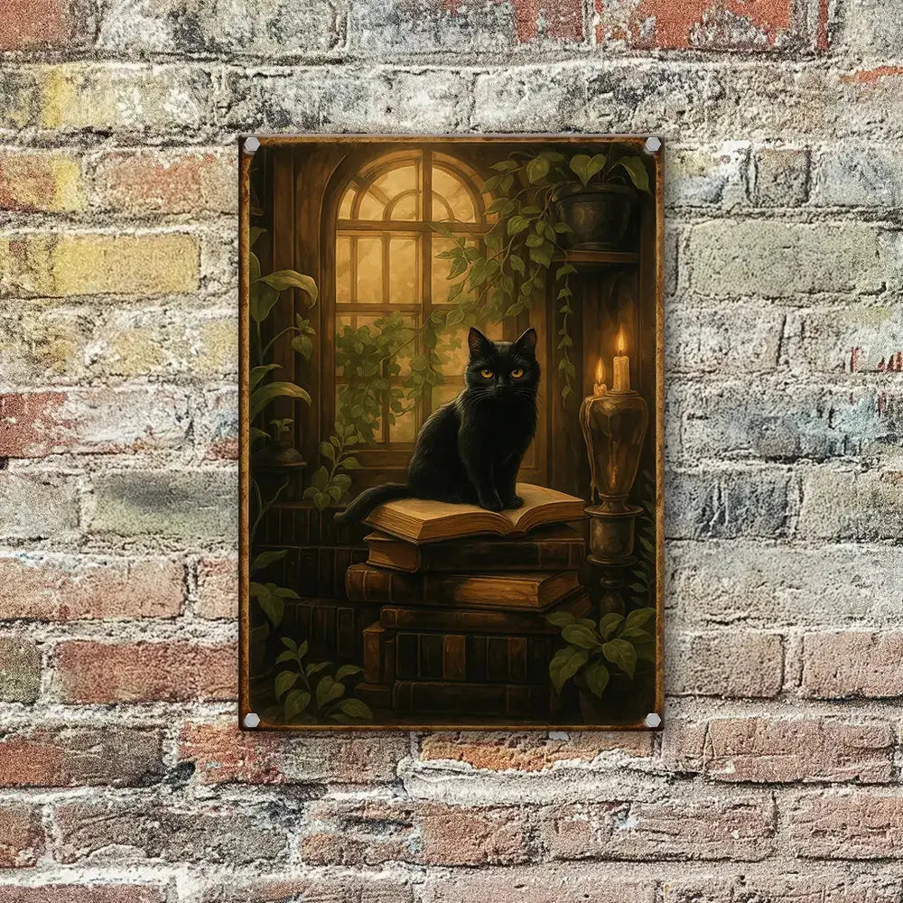 Black Cat On Book Metal Sign – Vintage Wall Decor Duconspace