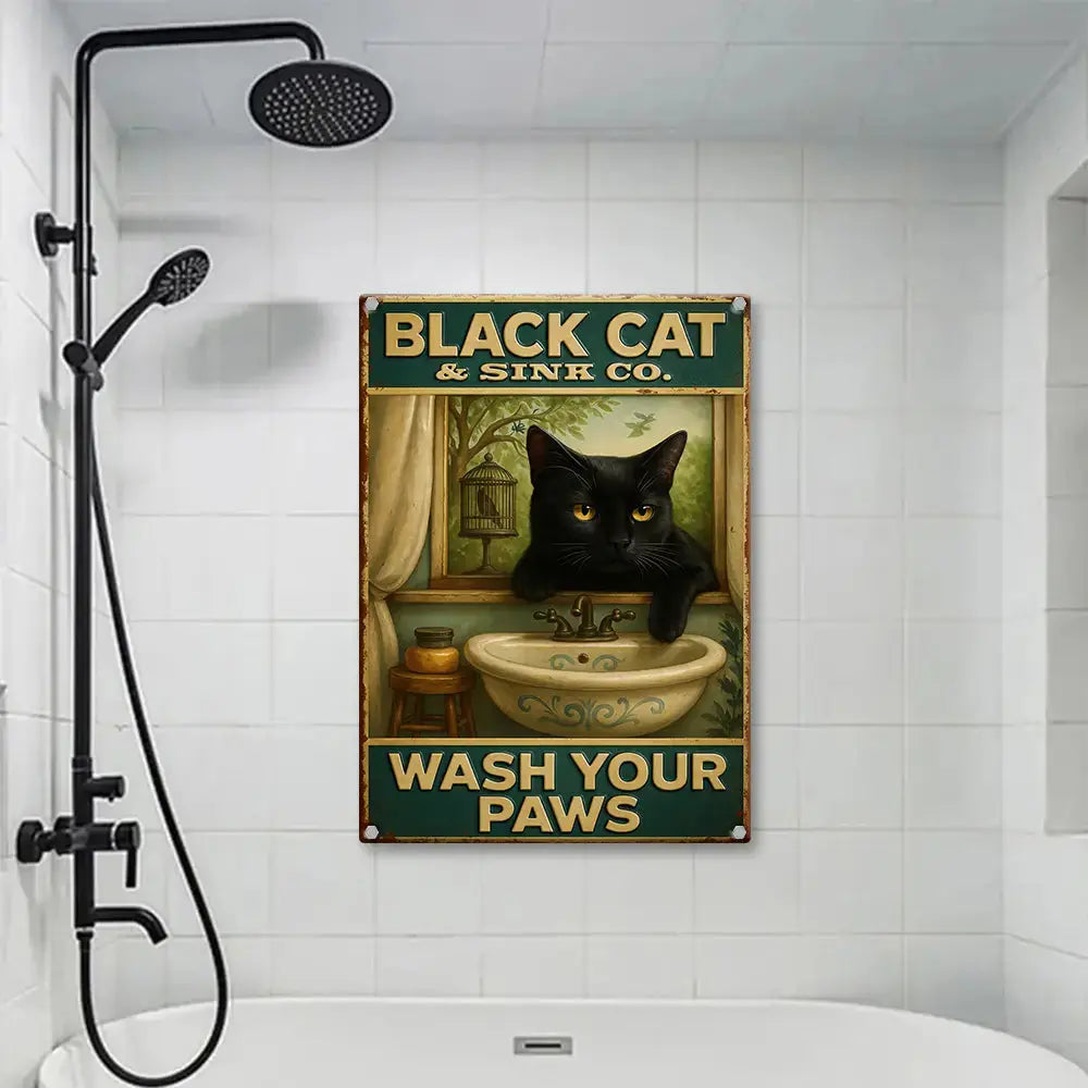 Black Cat Wash Your Paws – Metal Sign #1 Gift Duconspace