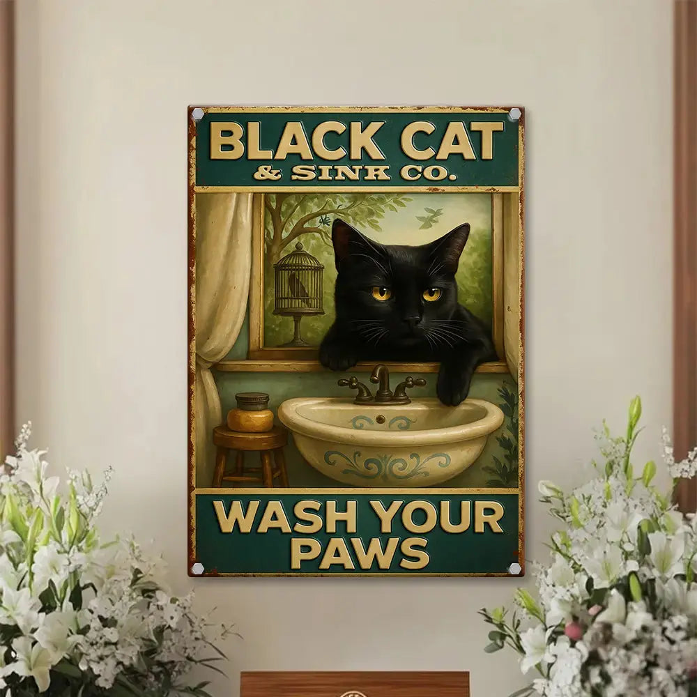 Black Cat Wash Your Paws – Metal Sign #1 Gift Duconspace