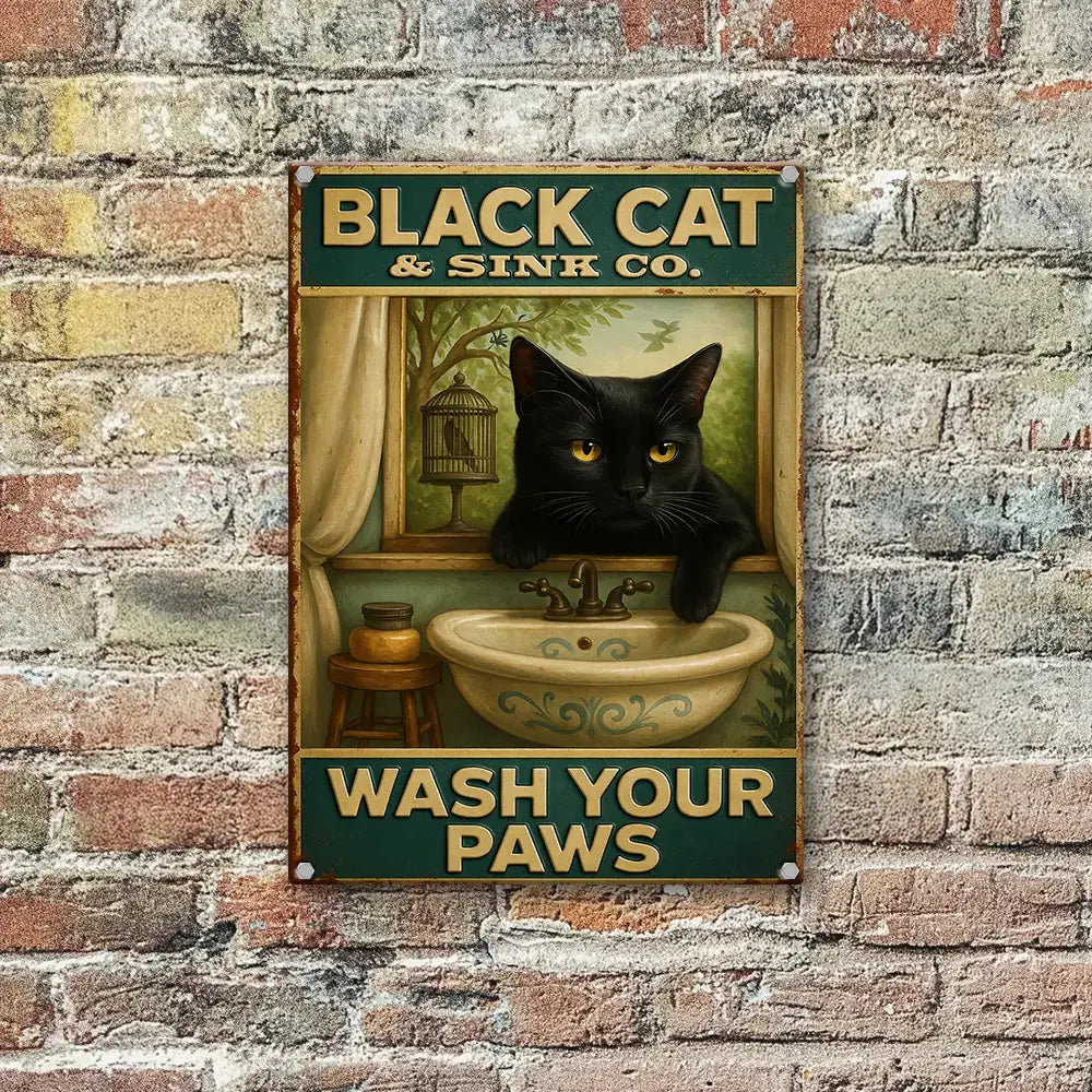 Black Cat Wash Your Paws – Metal Sign #1 Gift Duconspace