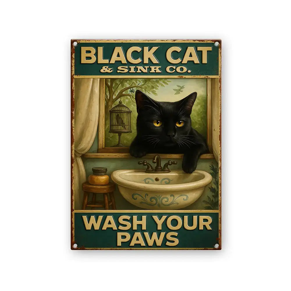 Black Cat Wash Your Paws – Metal Sign #1 Gift Duconspace