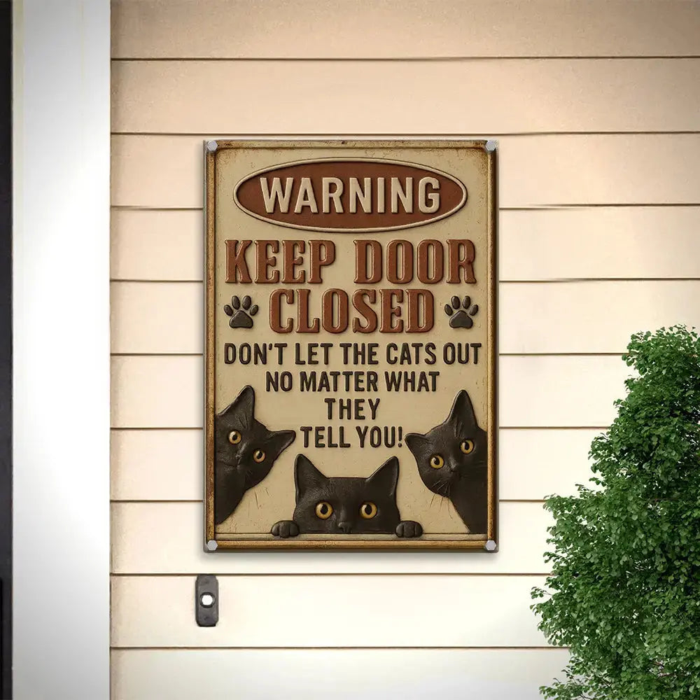Cat Metal Sign, Funny Cat Sign, Keep Door Closed Metal Sign Duconspace