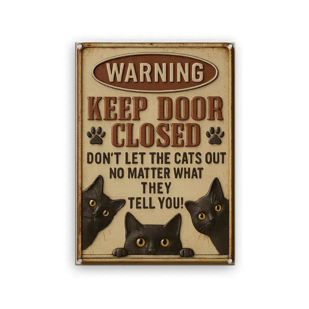 Cat Metal Sign, Funny Cat Sign, Keep Door Closed Metal Sign Duconspace