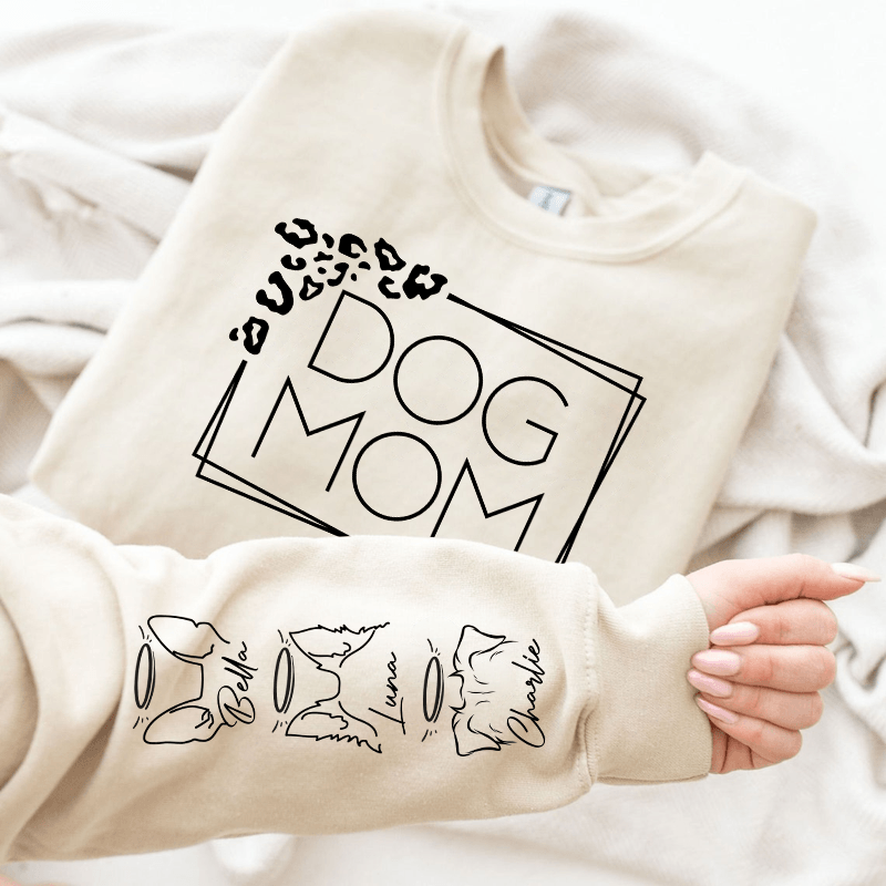 Dog Mom Leopard Print Custom Unisex Sweatshirt with Sleeve Design – Personalized Gift for Pet Lovers, Pet Owners – Cozy, Stylish, Unique Gift for Dog Moms – Premium Custom Sweatshirt