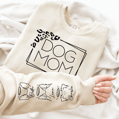 Dog Mom Leopard Print Custom Unisex Sweatshirt with Sleeve Design – Personalized Gift for Pet Lovers, Pet Owners – Cozy, Stylish, Unique Gift for Dog Moms – Premium Custom Sweatshirt