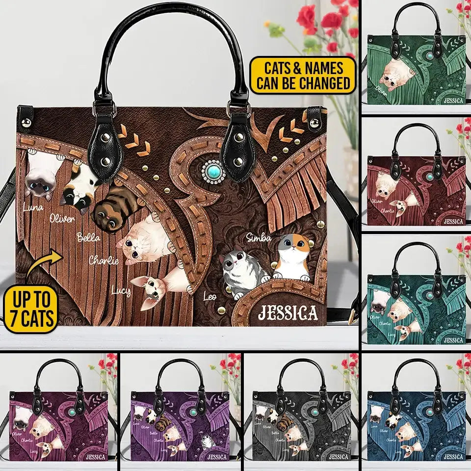 Cowgirl’s Custom Cat Leather Handbag – Personalized Cat Names & Art – Western Style Mother’s Day Gift for Cat Moms Ducon Space