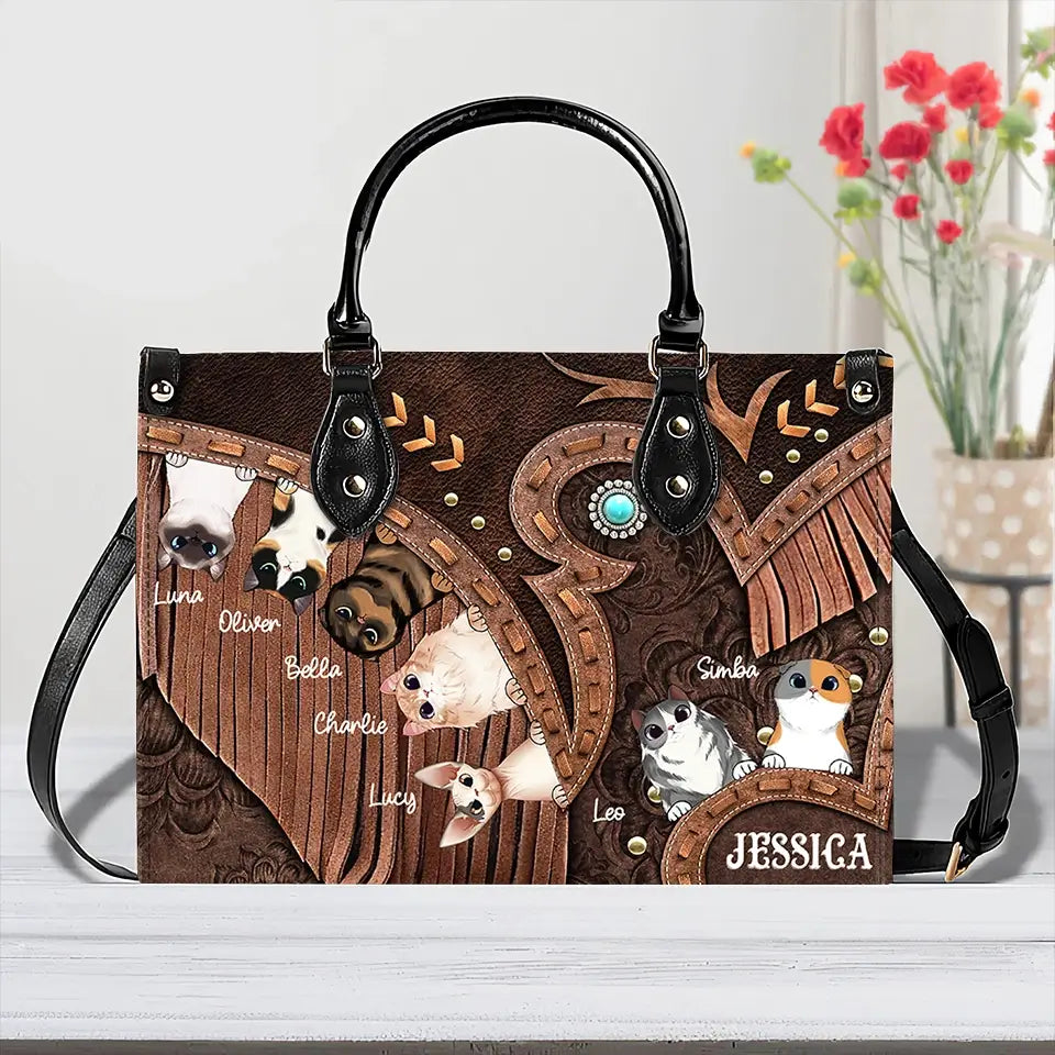 Cowgirl’s Custom Cat Leather Handbag – Personalized Cat Names & Art – Western Style Mother’s Day Gift for Cat Moms