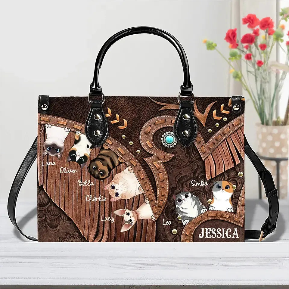 Cowgirl’s Custom Cat Leather Handbag – Personalized Cat Names & Art – Western Style Mother’s Day Gift for Cat Moms Ducon Space