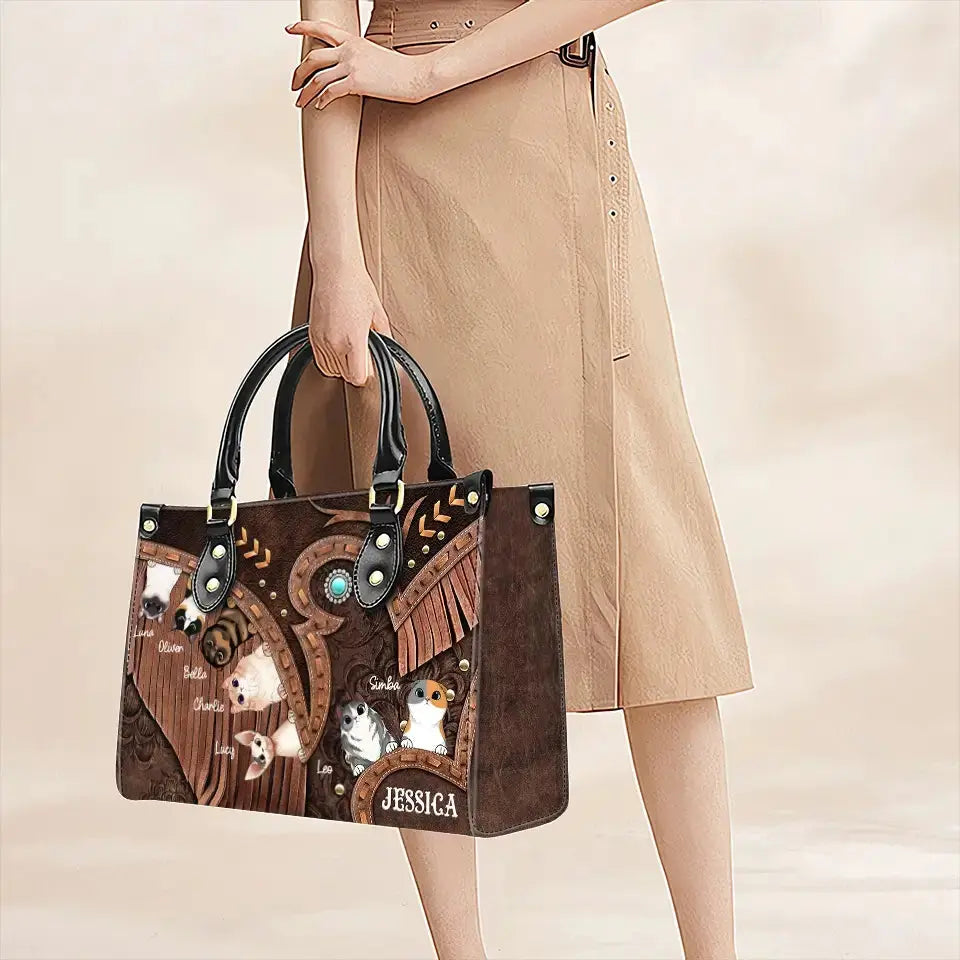 Cowgirl’s Custom Cat Leather Handbag – Personalized Cat Names & Art – Western Style Mother’s Day Gift for Cat Moms Ducon Space