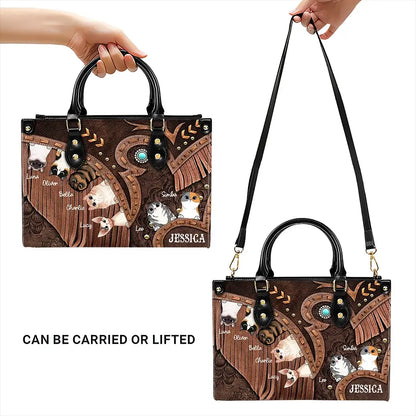 Cowgirl’s Custom Cat Leather Handbag – Personalized Cat Names & Art – Western Style Mother’s Day Gift for Cat Moms