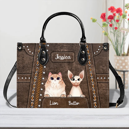 Custom Cat Handbag for Cat Moms – Western Leather Style Purse with Personalized Pet Names – Perfect Mother’s Day Gift
