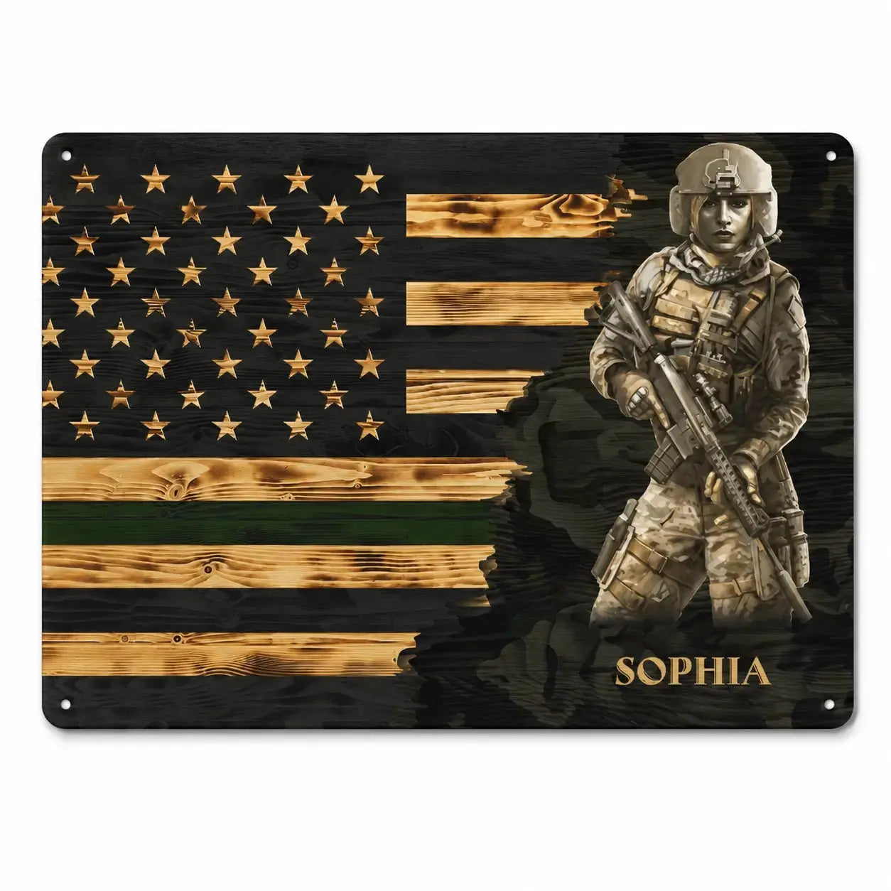 Custom Branch & Name Half Thin Green Line Soldier Veteran Metal Sign Duconspace