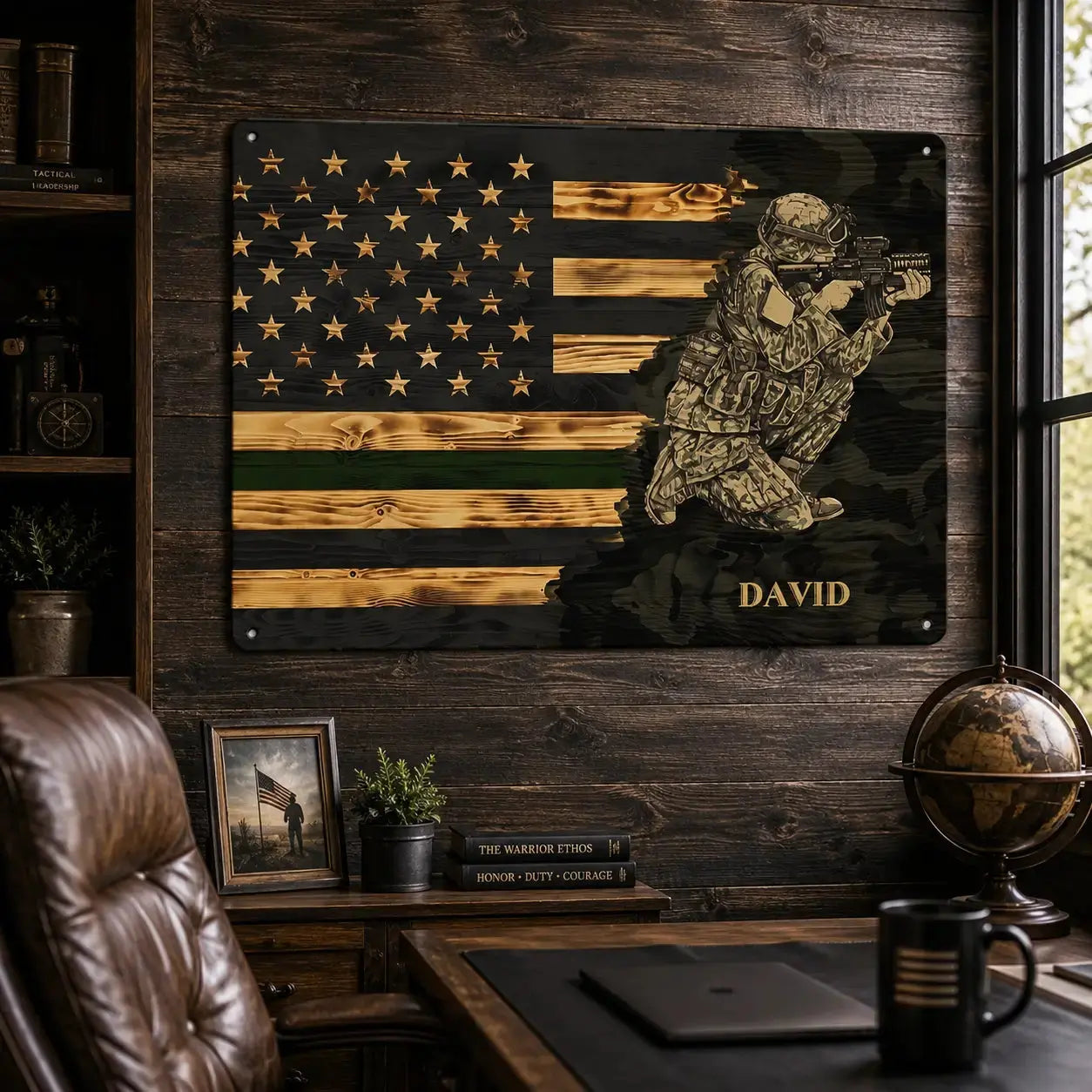 Custom Branch & Name Half Thin Green Line Soldier Veteran Metal Sign Duconspace
