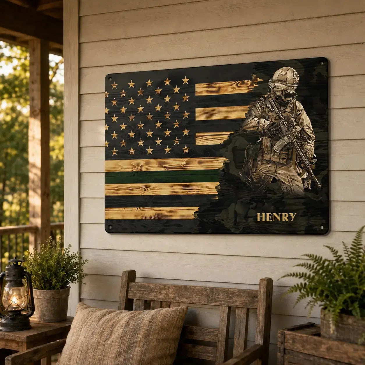 Custom Branch & Name Half Thin Green Line Soldier Veteran Metal Sign Duconspace