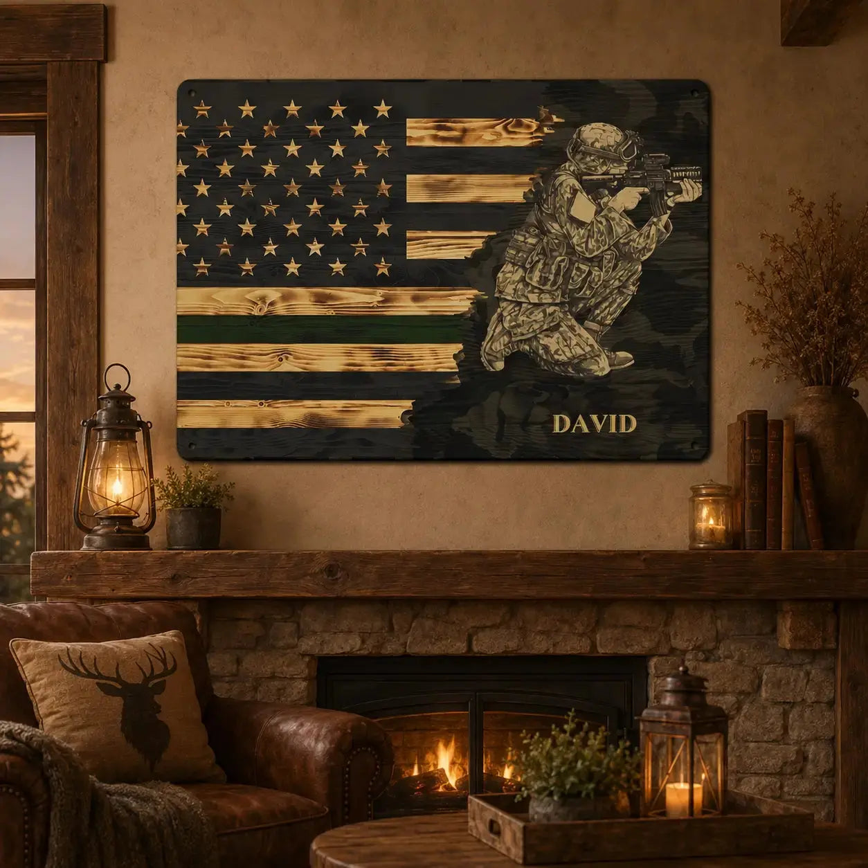 Custom Branch & Name Half Thin Green Line Soldier Veteran Metal Sign Duconspace