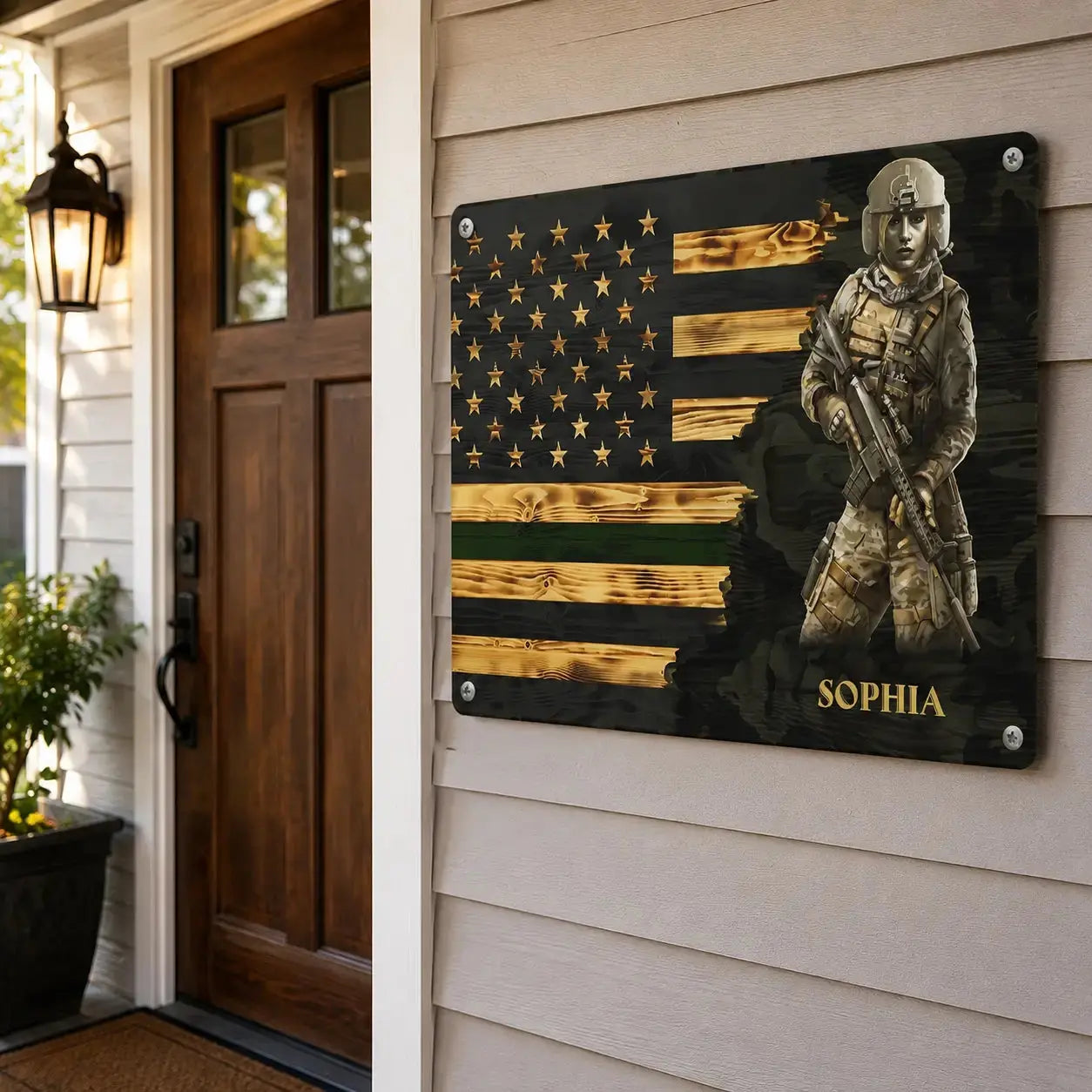 Custom Branch & Name Half Thin Green Line Soldier Veteran Metal Sign Duconspace