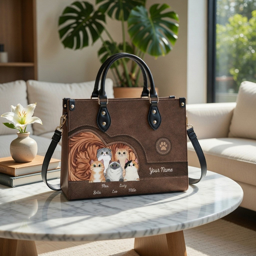 Custom Cat Leather Handbag, Personalized Gift for Cat Lovers Ducon Space