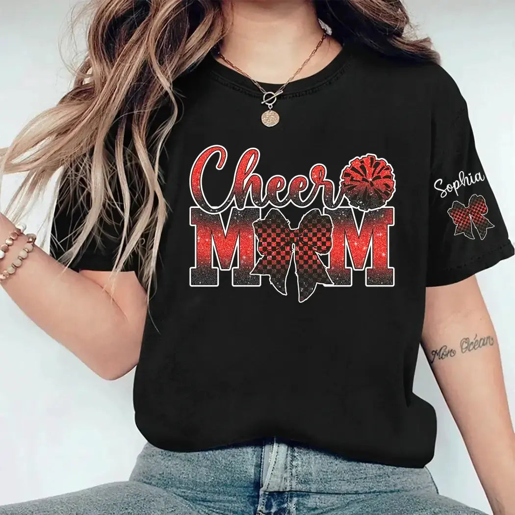 Custom Cheer MoM Shirt - Personalized Name Bow Glitter Tee Duconspace