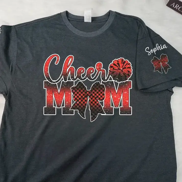 Custom Cheer MoM Shirt - Personalized Name Bow Glitter Tee Duconspace
