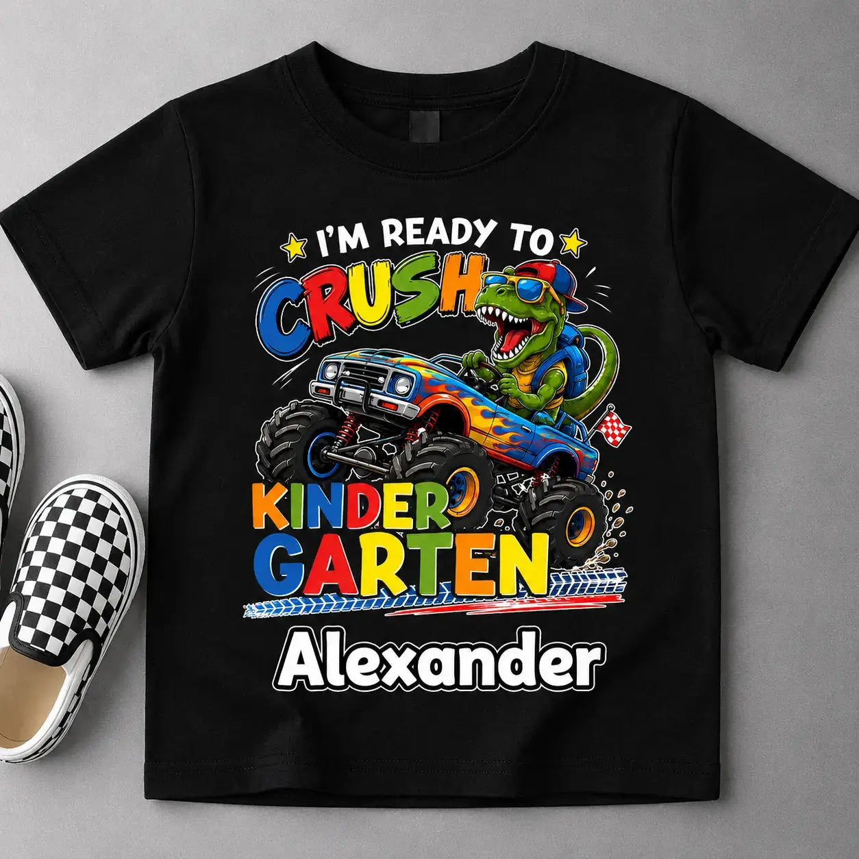 Custom Dino Monster Truck Kids T-Shirt Duconspace