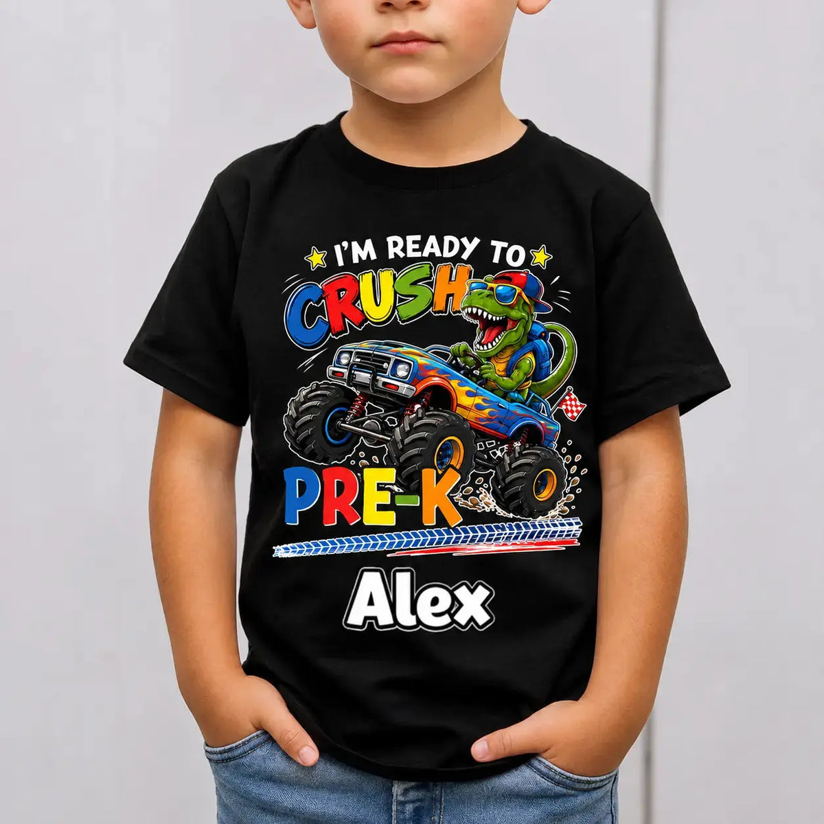 Custom Dino Monster Truck Kids T-Shirt Duconspace