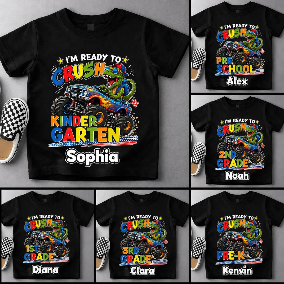 Custom Dino Monster Truck Kids T-Shirt Duconspace