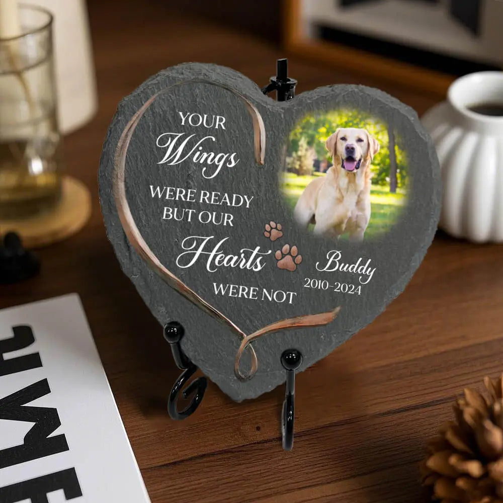 Custom Dog Memorial Stone, Your Angel Wings Were Ready Stone, with stand in table for remembering