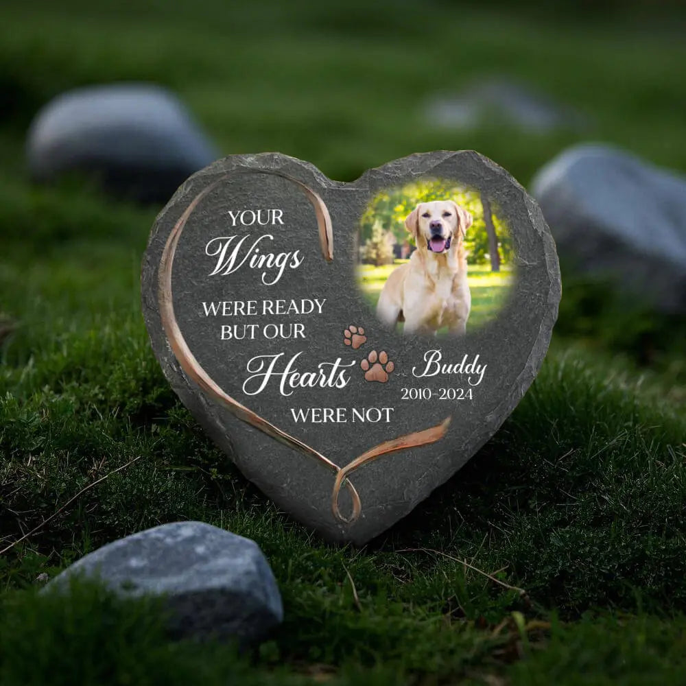 Custom Dog Memorial Stone, Your Angel Wings Were Ready Stone on green grass, stone in the garden