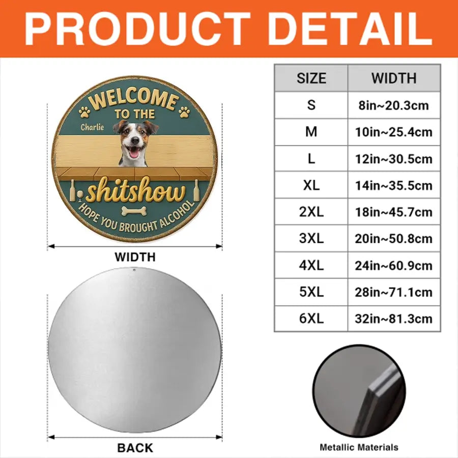 personalized metal signs detail image with a humorous design, size chart, and metallic material option.