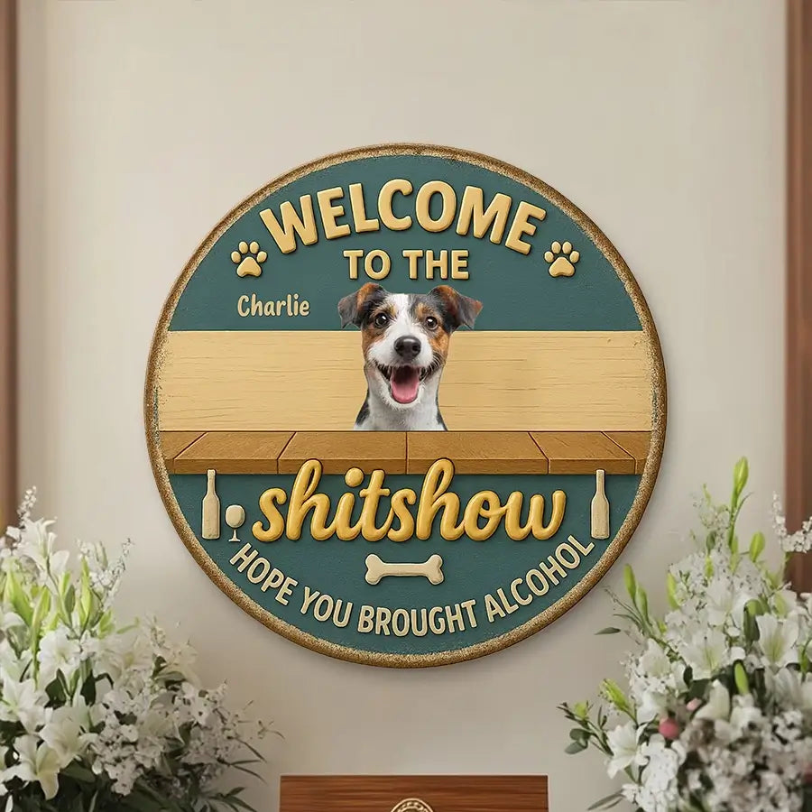 Personalized Metal Sign Circular sign with a dog's face, text, and a brick wall background