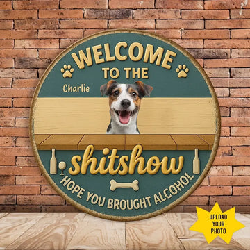 Personalized Metal Sign Circular sign with a dog's face, text, and a brick wall background